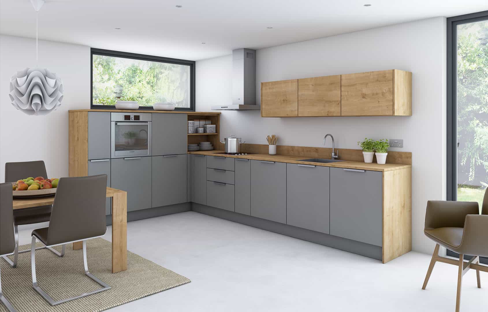 grey and natural wood contemporary kitchen design