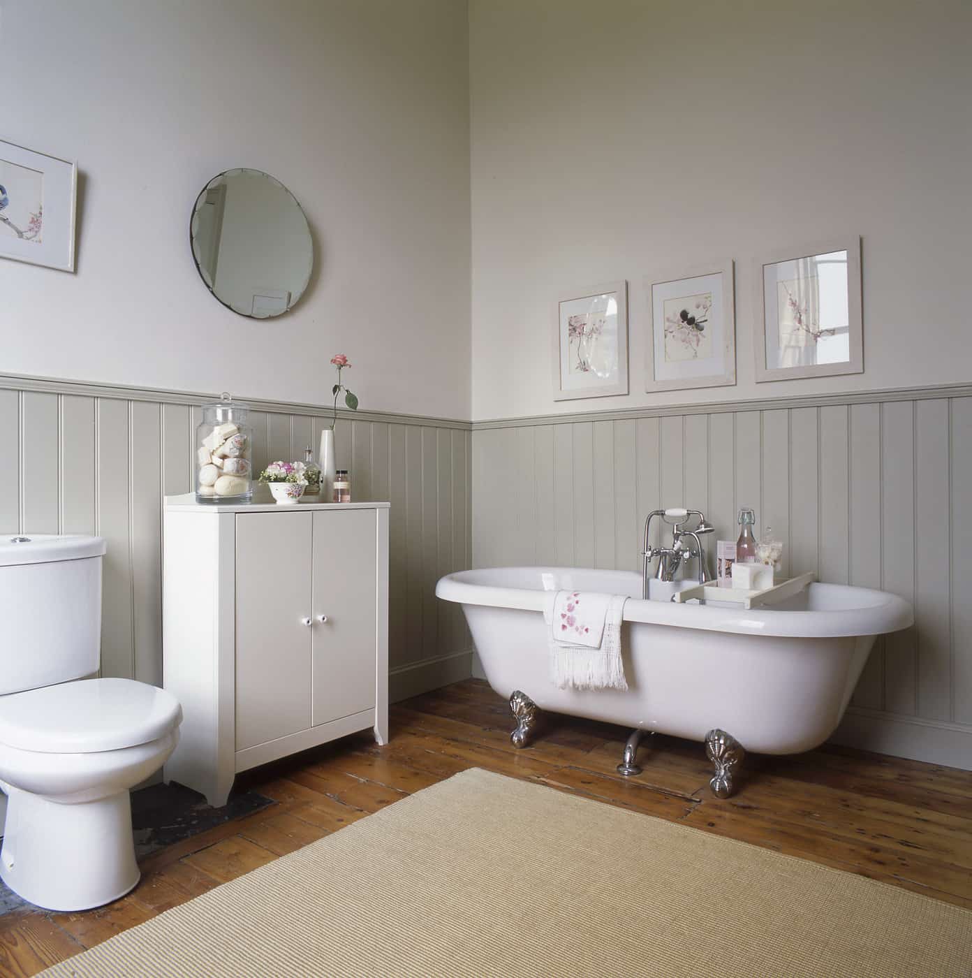 Pastel gray screams vintage appeal. Add a vintage bathtub to the space to complete the look. Just because it is gray does not mean that it needs to be boring.