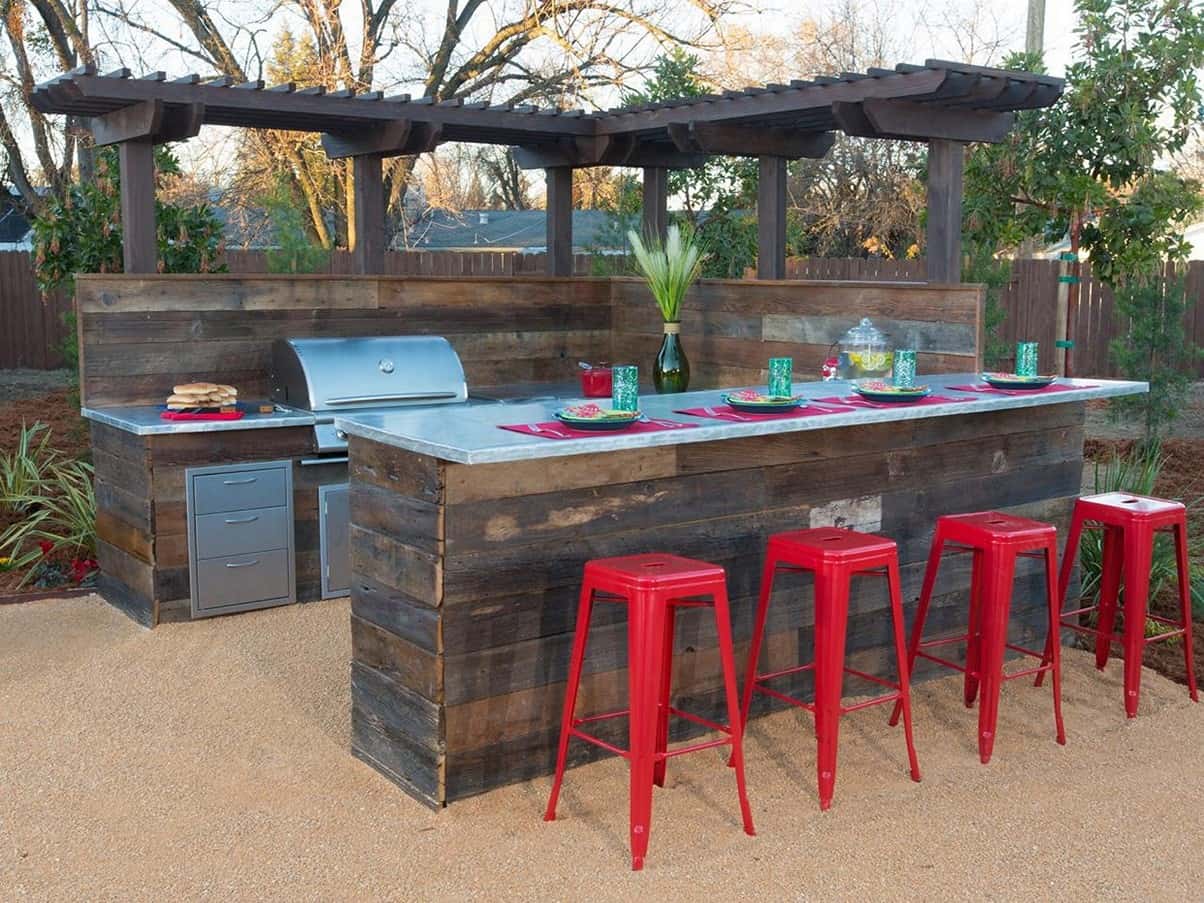 Red bright stools add a bold, punch of color to any outdoor bar decor you may currently have