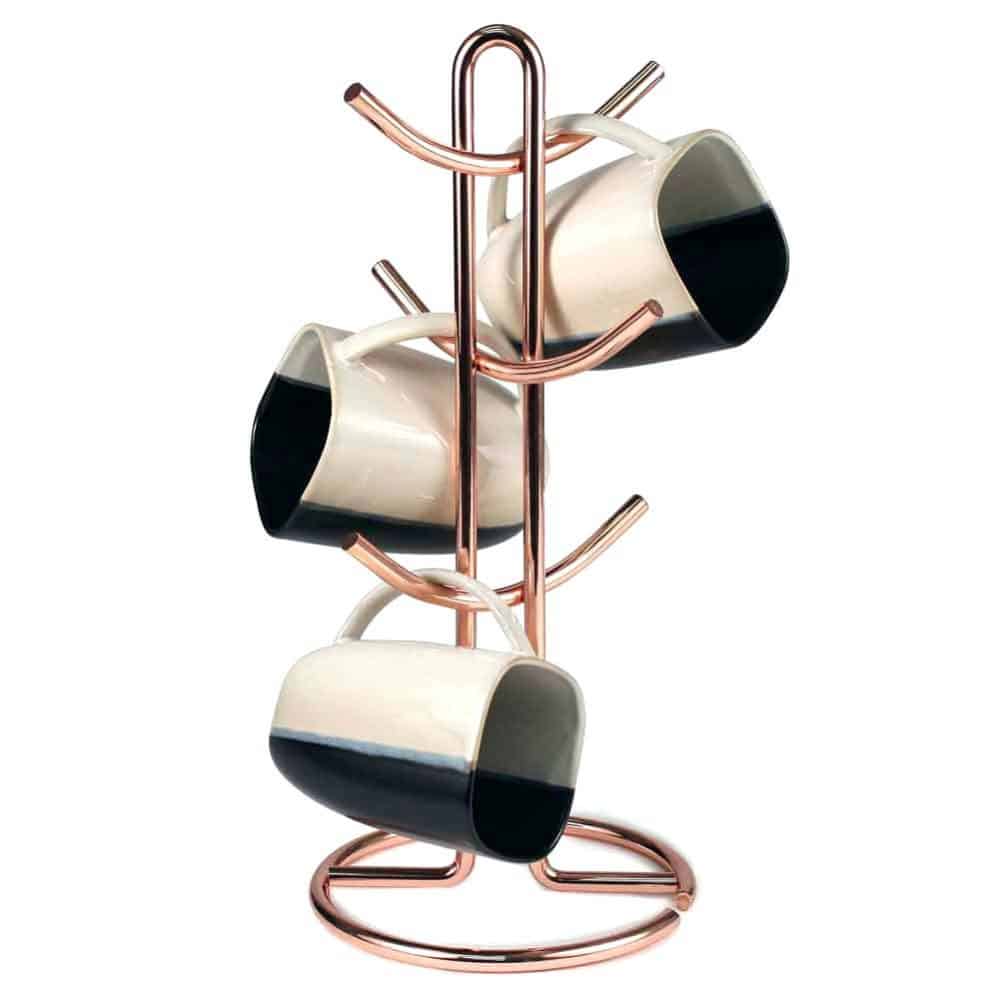 A copper mug rack may appear simple and minimalist.