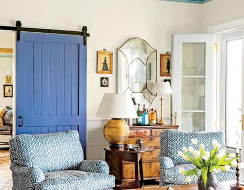 The pop of color from the French barn doors will enhance your decor.