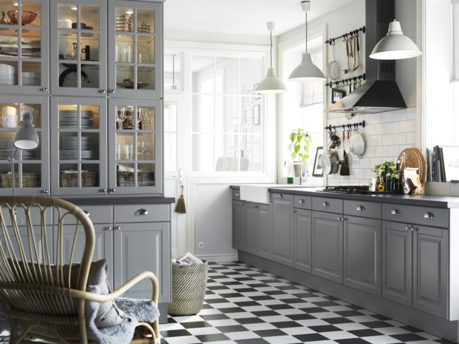 farmhouse style white and grey kitchen