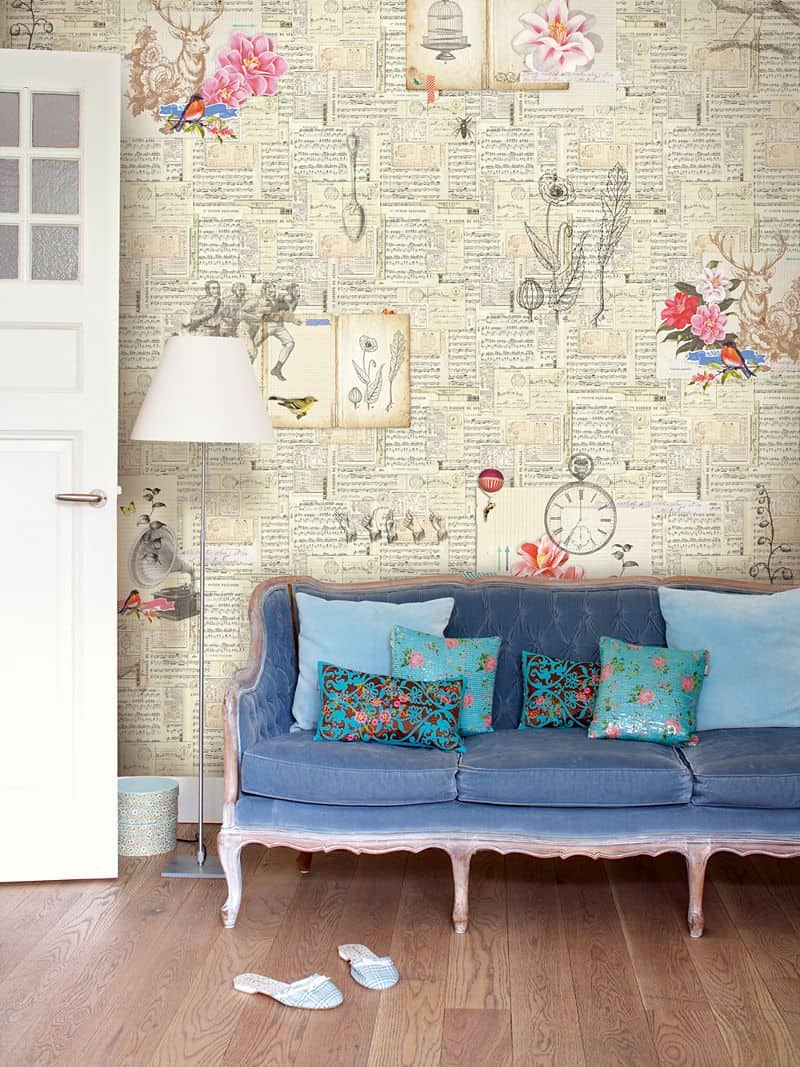 wall with book pages How to Decorate Your Home Using Books