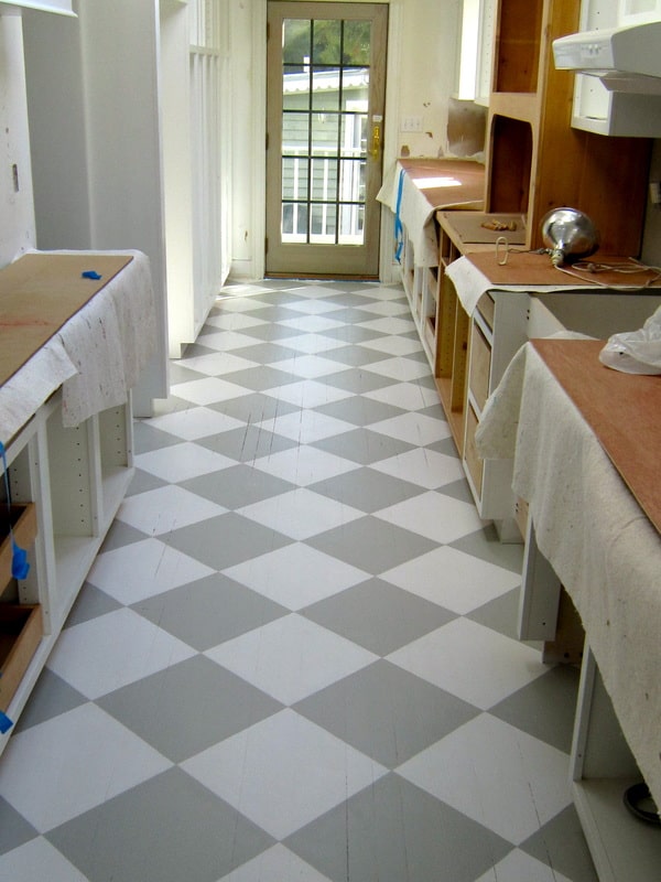 white and grey checker painted floors