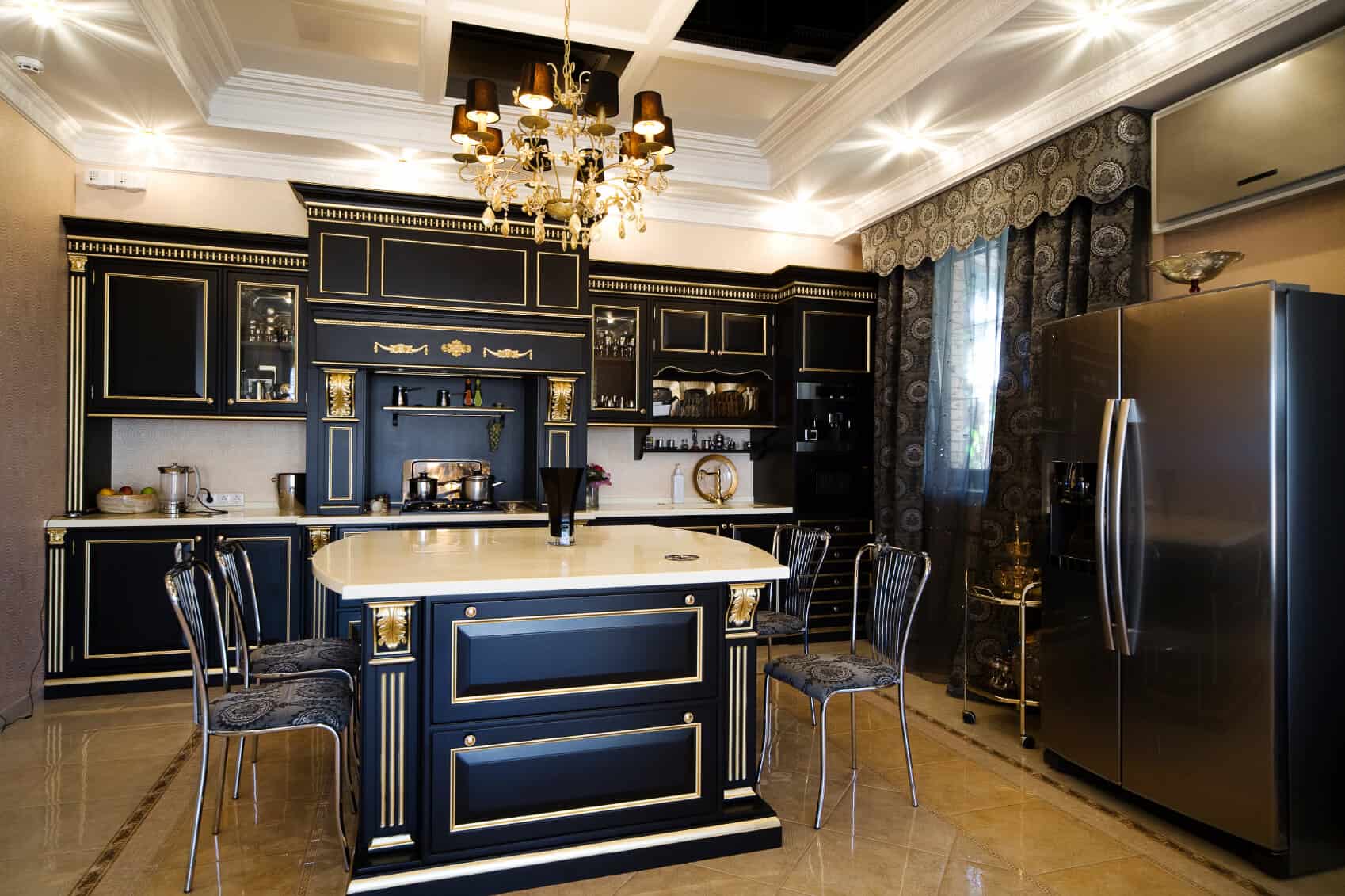 black kitchen with bold stove