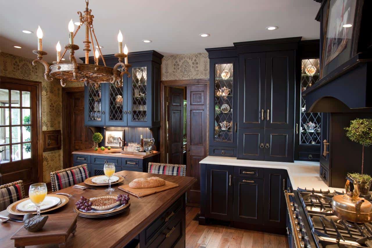 farmhouse kitchen with black cabinets
