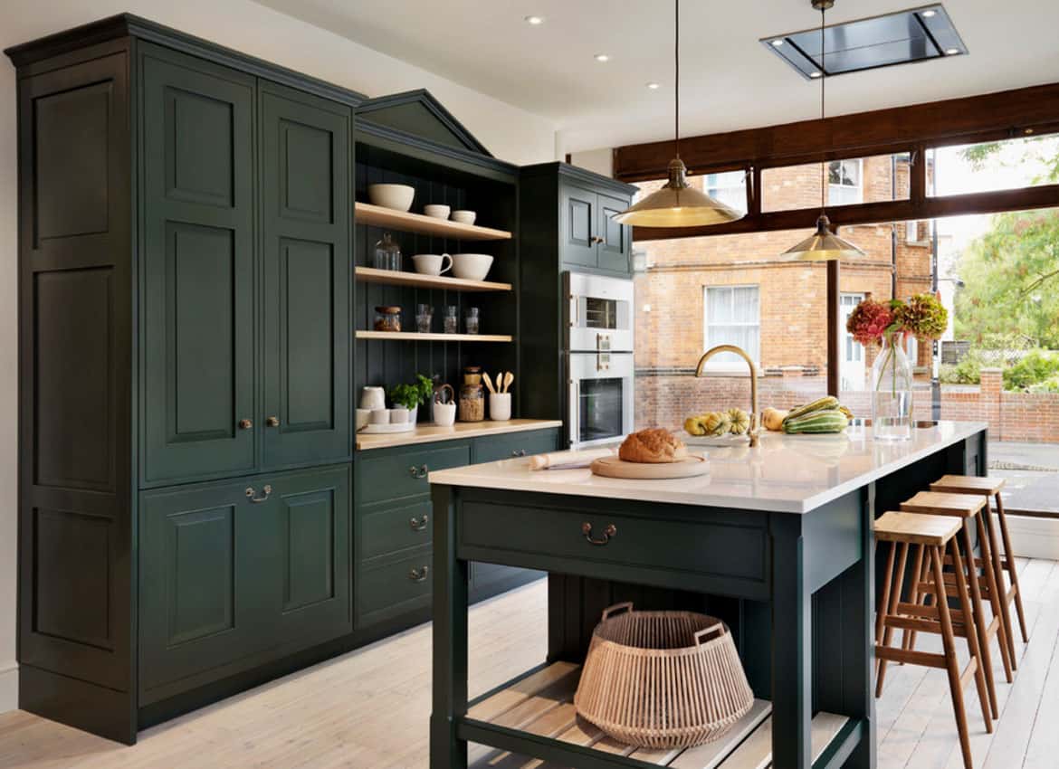 traditional kitchen with black cabinets