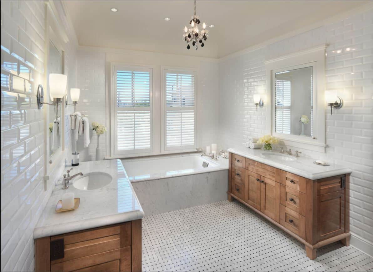 white and brown master bathroom