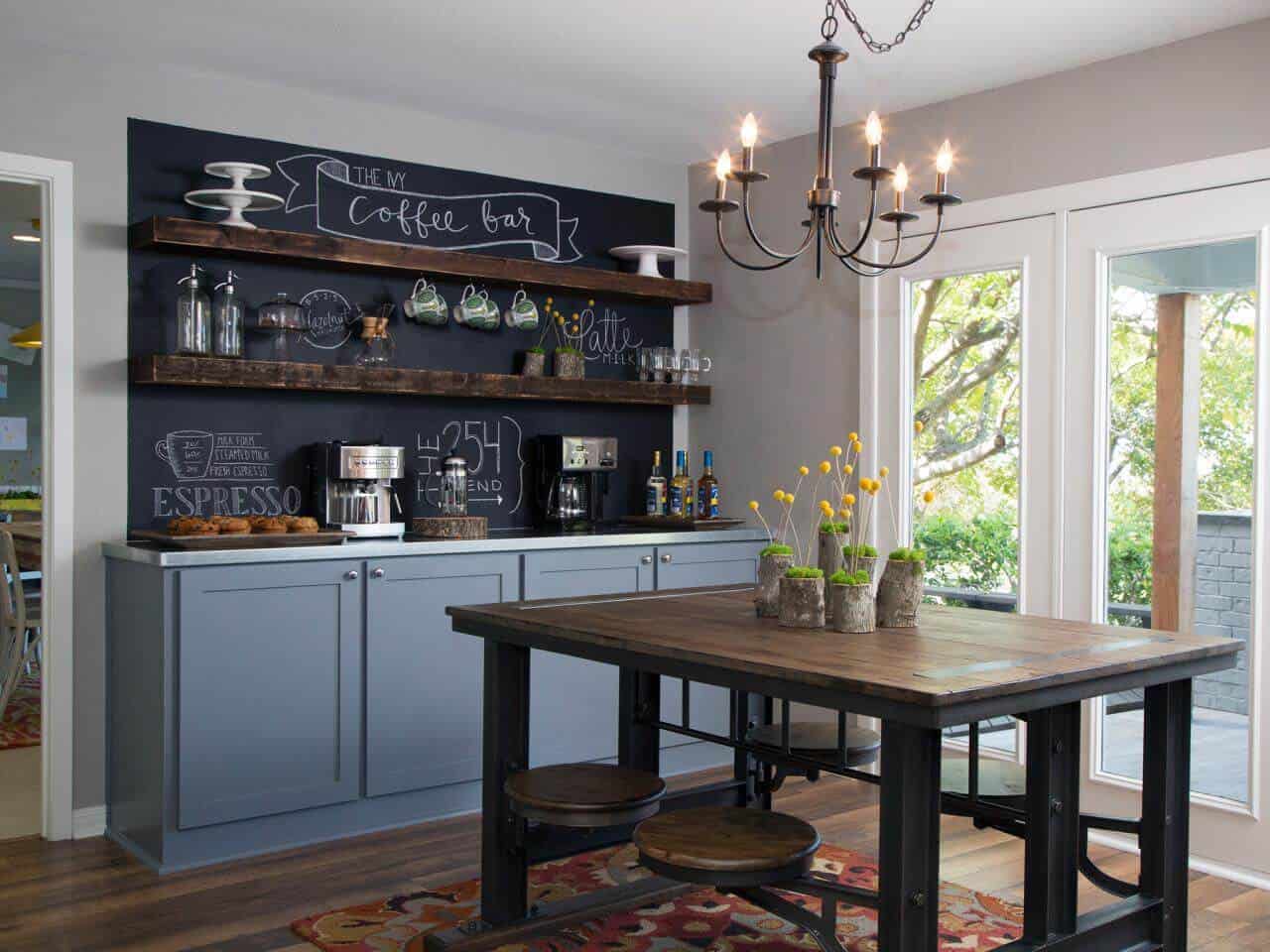 dining room with chalk board