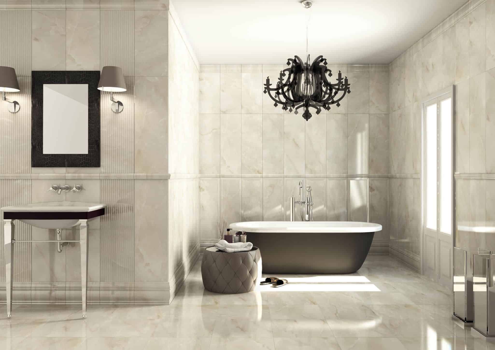 light and airy bathroom with black chnadlier