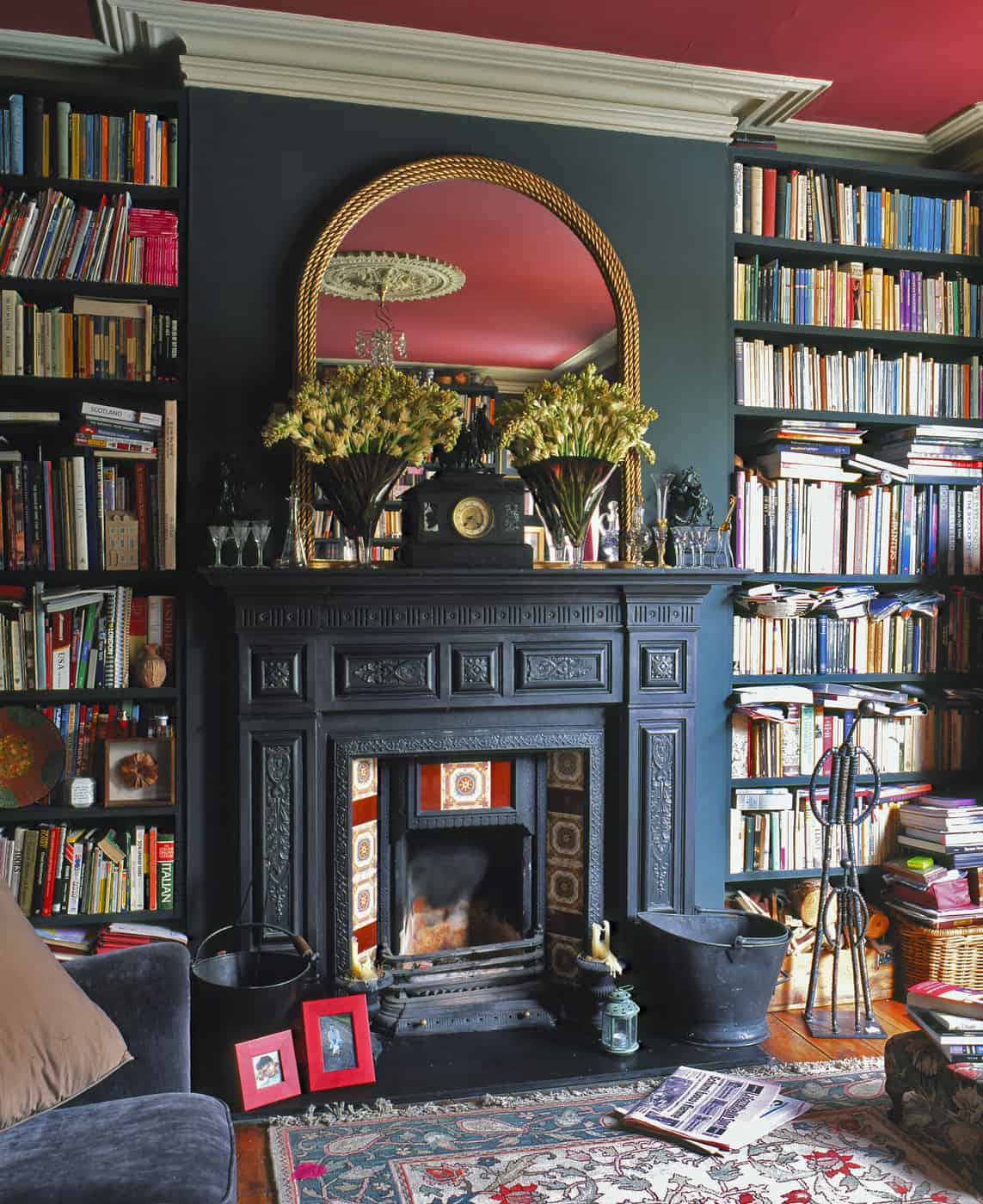 library with fireplace