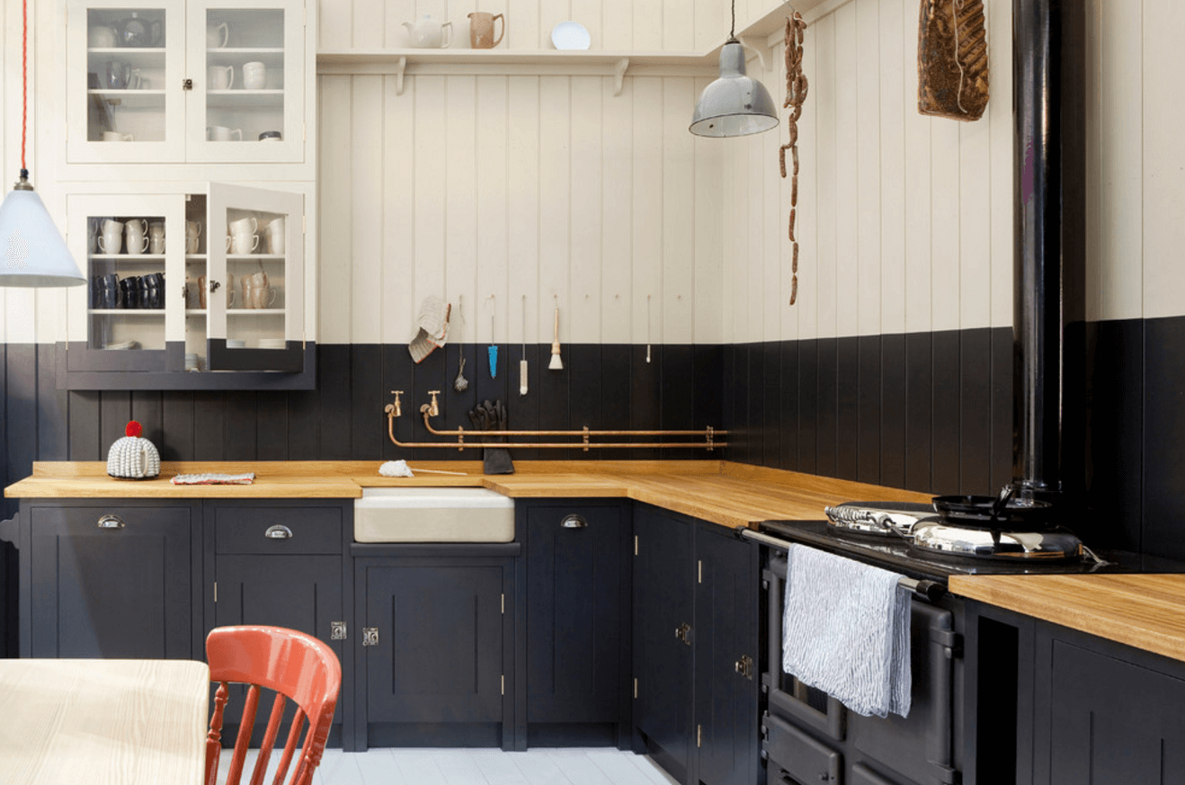 black and cream colorblock kitchen cabinets