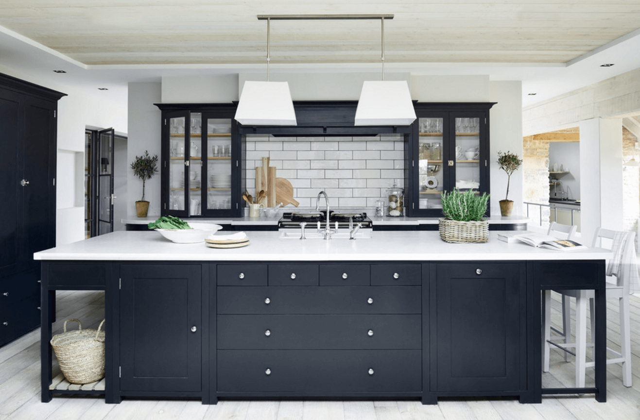 black kitchen cabinets with white subway tile