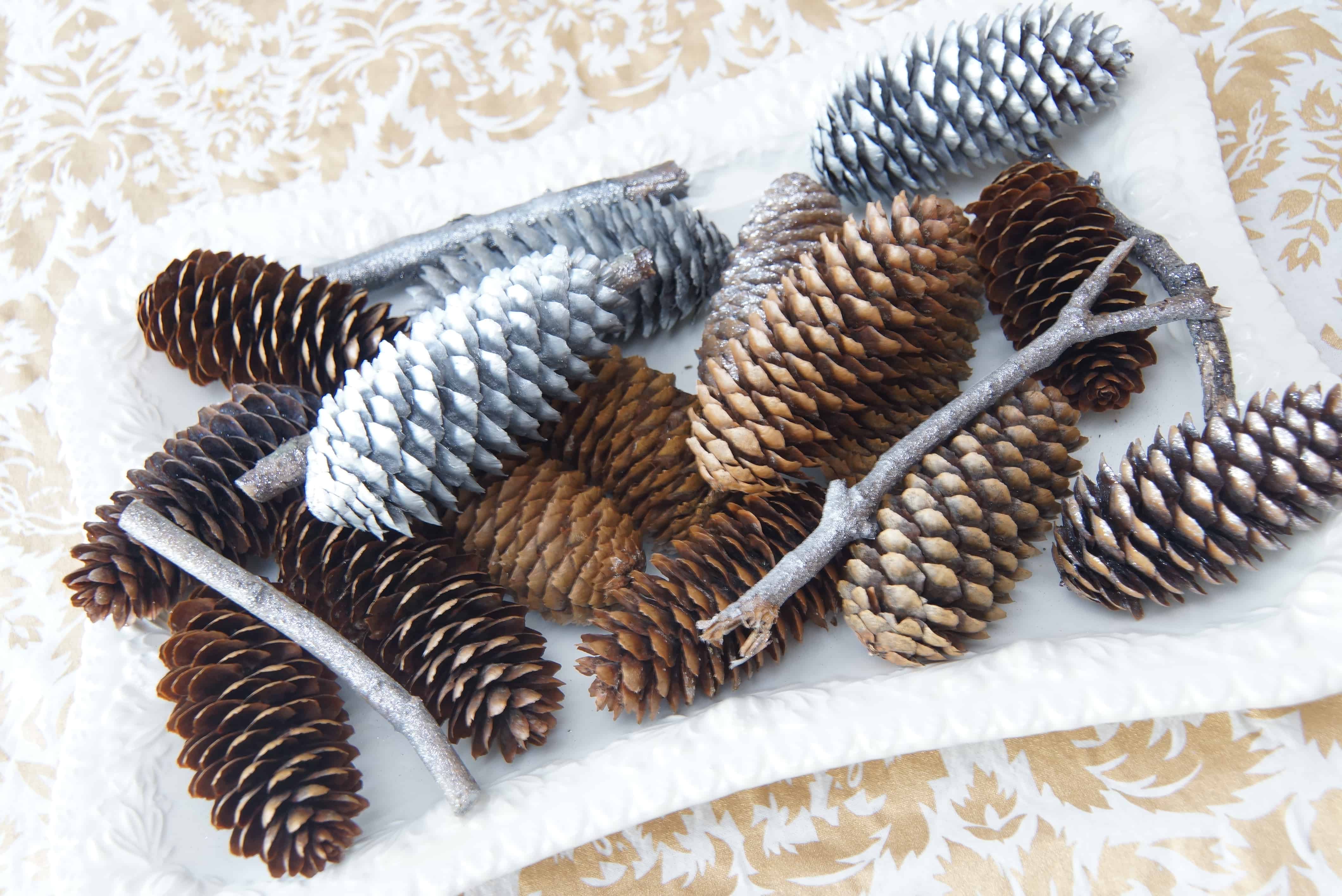 gold and silver pinecones