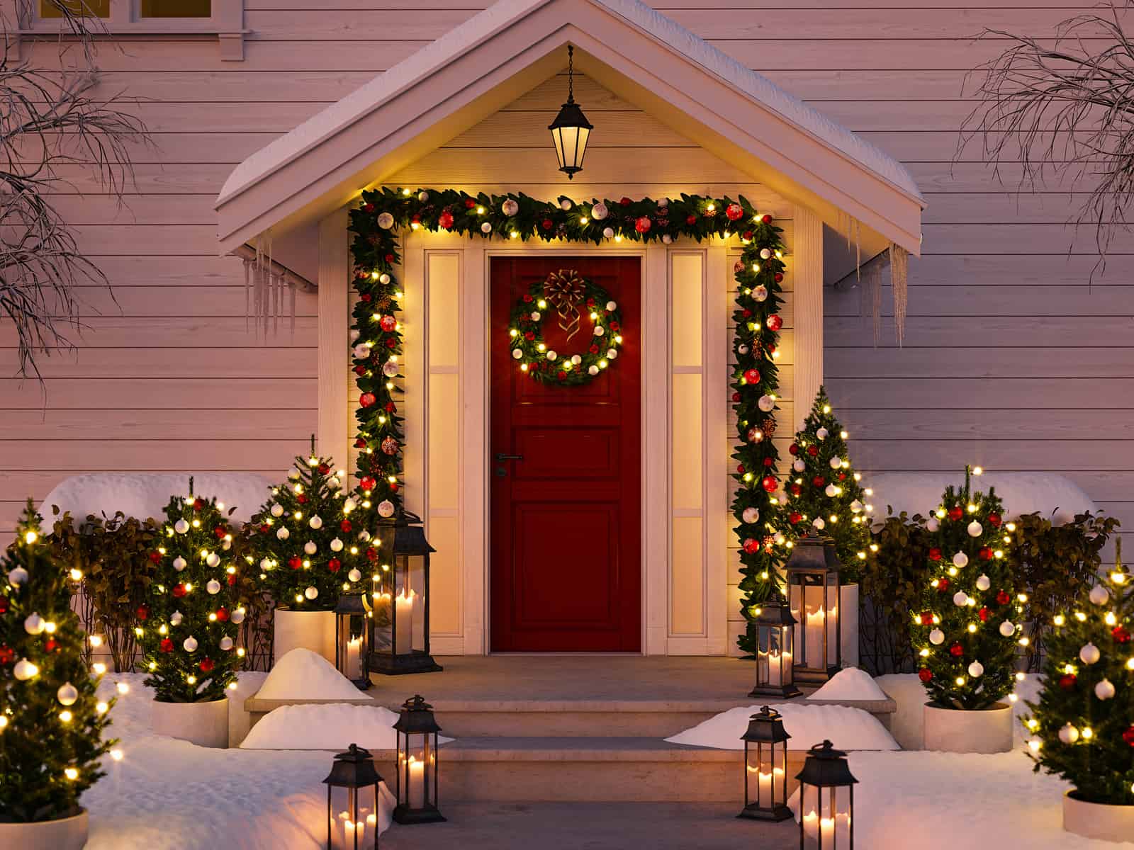 3d rendering. christmas decorated porch with little trees and lanterns.