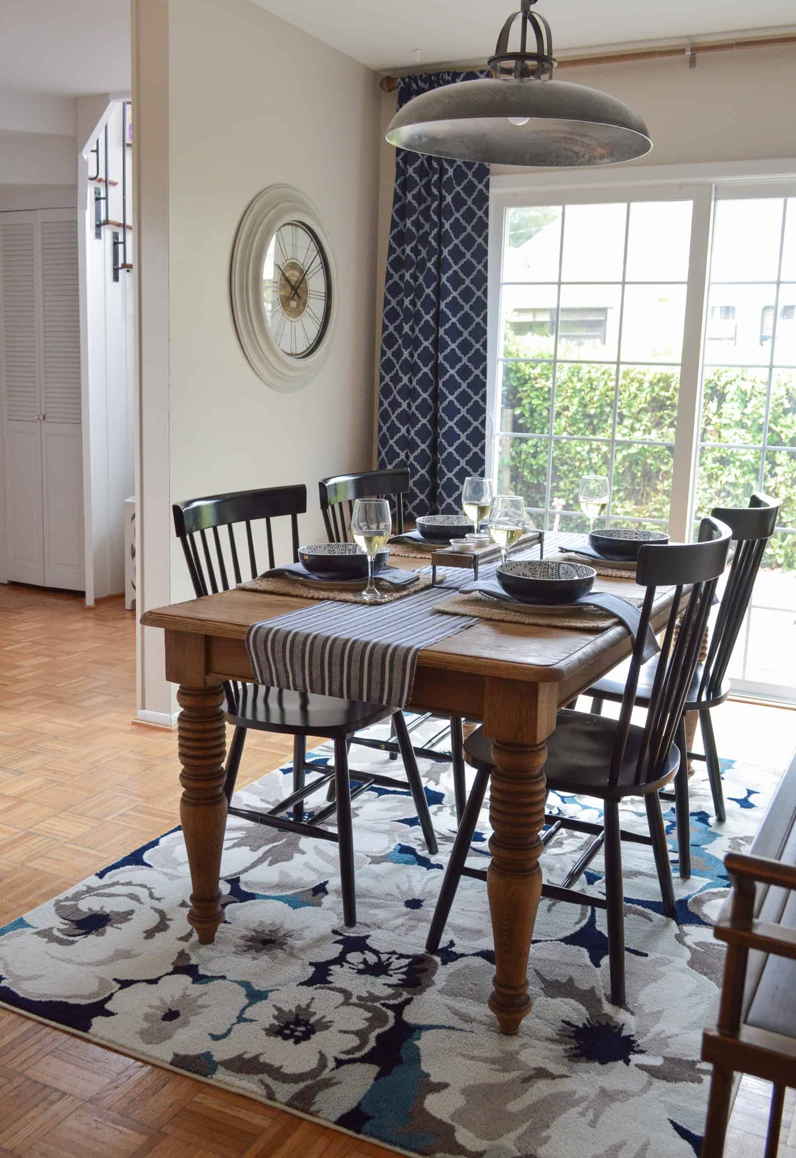 floral rug in dining room