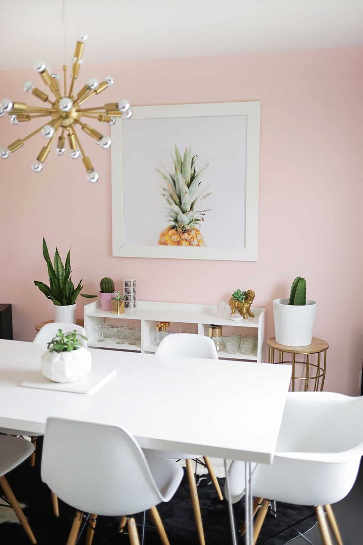pastel pink white dining room