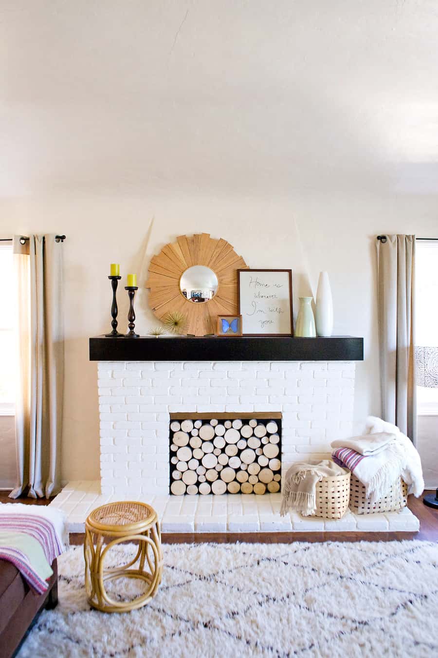 wood filled fireplace