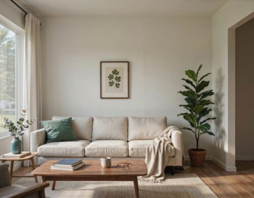 A sunlit living room with a cream sofa, wooden coffee table, and a large clean window looking out onto a green yard.