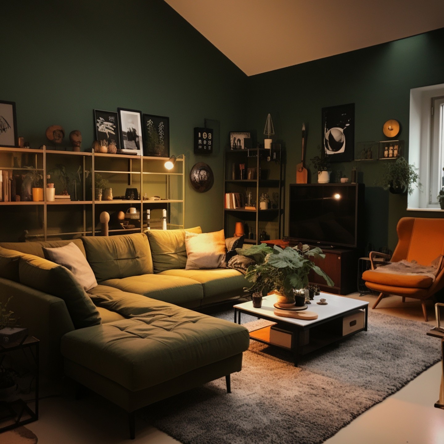 An eclectic living room with dark green walls, olive velvet sectional, mustard wingback chair, brass open shelving, and layered art and plants.