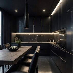 An all-black handleless kitchen with a veined black marble backsplash, under-cabinet lighting, and a wood dining table with leather chairs.