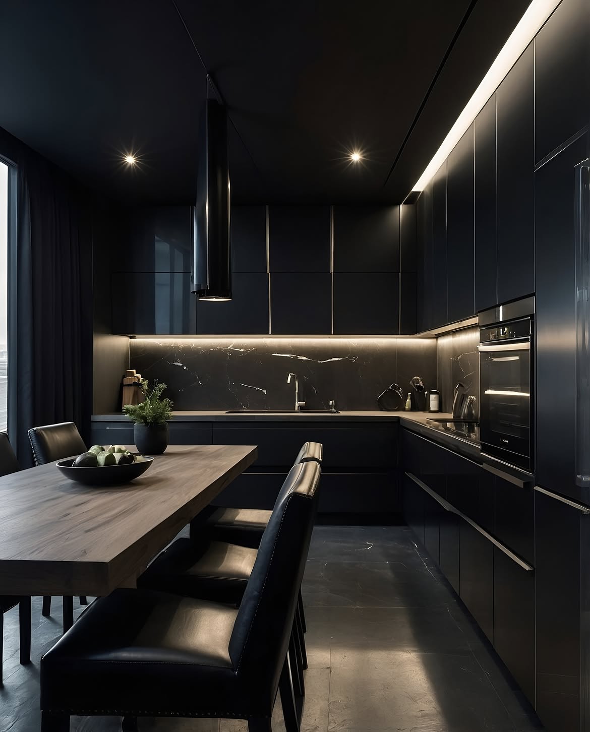 An all-black handleless kitchen with a veined black marble backsplash, under-cabinet lighting, and a wood dining table with leather chairs.