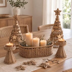 A natural woven holiday centerpiece with two rattan Christmas trees, pillar candles in a basket, and star accents on a wood dining table.