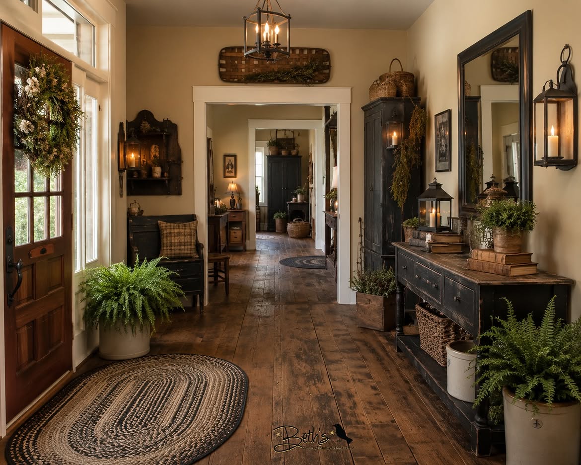 02-rustic-primitive-hallway-candle-lanterns-boho-entryway