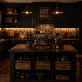A dark black kitchen with a built-in coffee bar island, espresso machine, patterned tile backsplash, warm pendant lights, and wooden crates labeled coffee beans and cafe supplies.