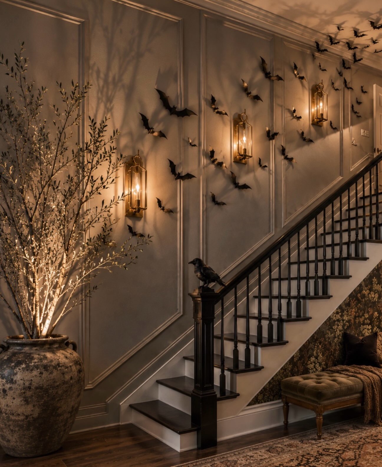 03-flying-bats-lit-branches-dark-entry-staircase-houseoflifeandlove