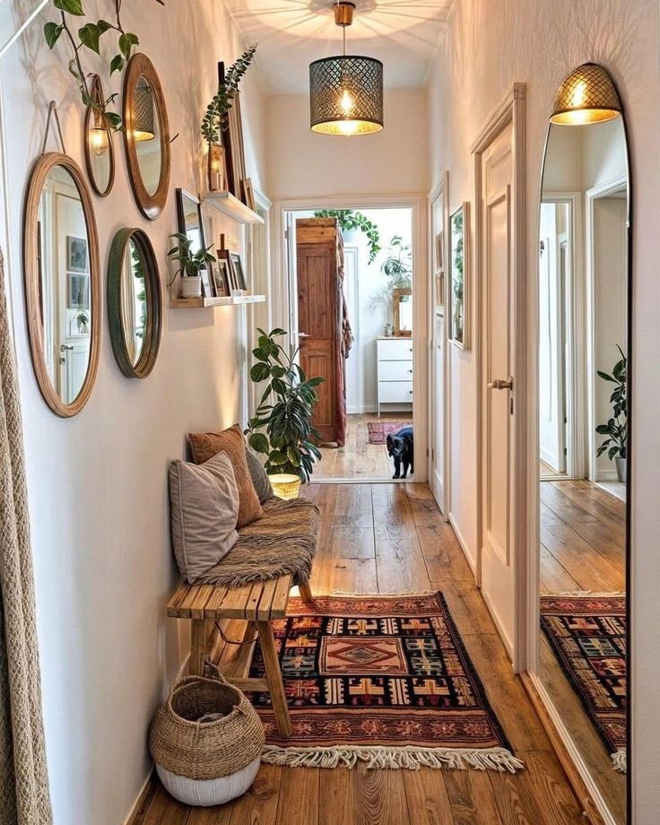 03-narrow-hallway-round-mirror-gallery-boho-entryway