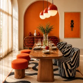 A sunlit dining room with an orange arched accent wall, wooden pedestal table, zebra-print swivel chairs, orange boucle stools, and a black and white wavy pattern rug.