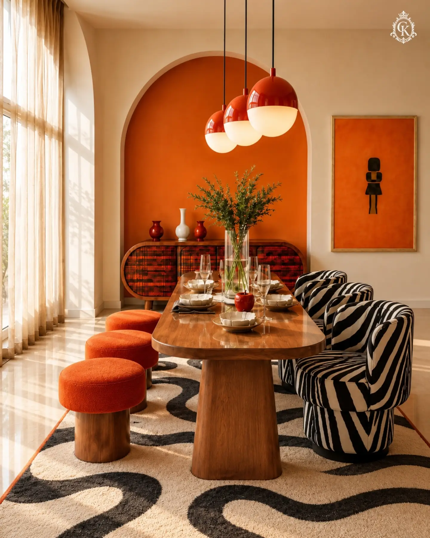 A sunlit dining room with an orange arched accent wall, wooden pedestal table, zebra-print swivel chairs, orange boucle stools, and a black and white wavy pattern rug.