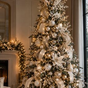 A tall Christmas tree decorated in gold and cream ornaments, ribbons, and poinsettias beside a mantel garland and arched gold mirror.
