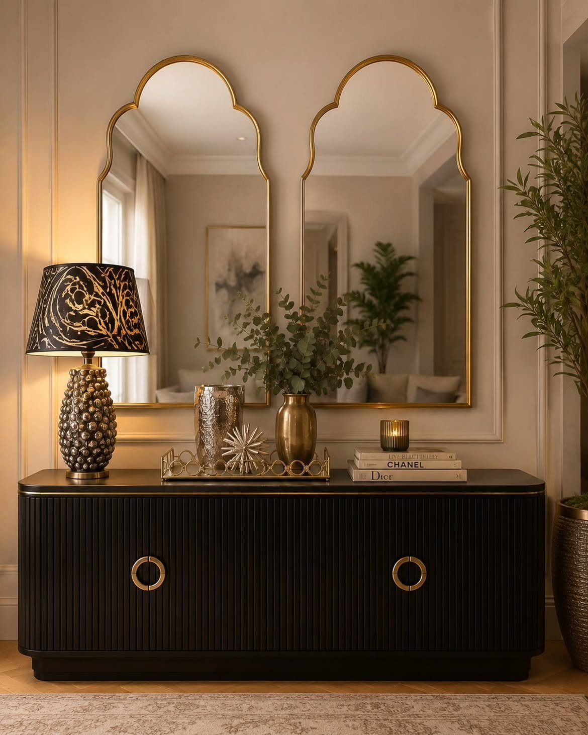 04-double-arched-gold-mirrors-black-fluted-console-brass-handles