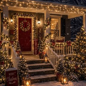 A snowy Christmas front porch at night with a red door and wreath, garland, lit mini trees, lanterns, and a Merry Christmas sign.