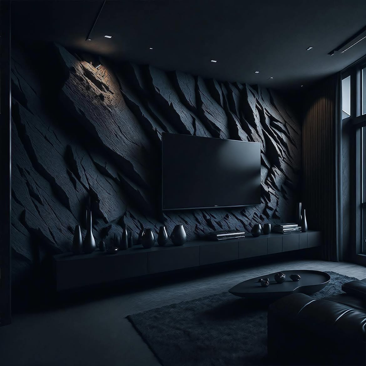 A moody living room with a sculptural black rock-textured feature wall, mounted TV, floating console with ceramic vases, and black sectional.