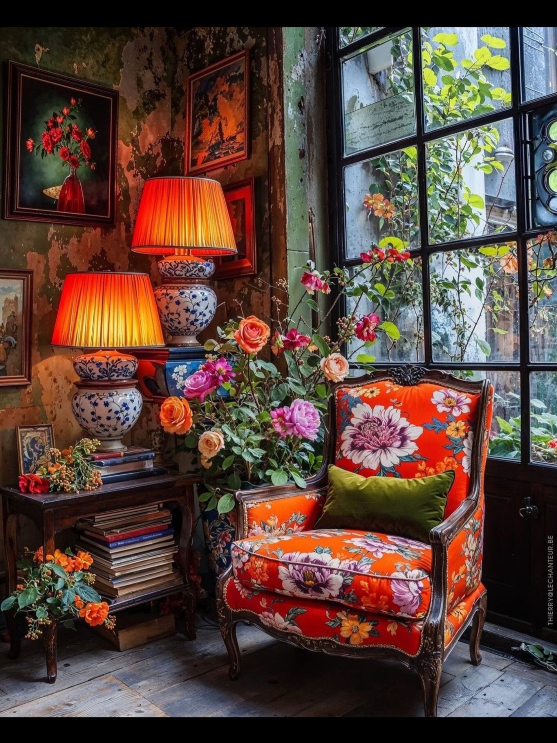 An eclectic maximalist reading nook with a vibrant orange floral bergere armchair, blue and white chinoiserie lamps with orange shades, stacked books, roses, gallery wall, and a tall garden window.