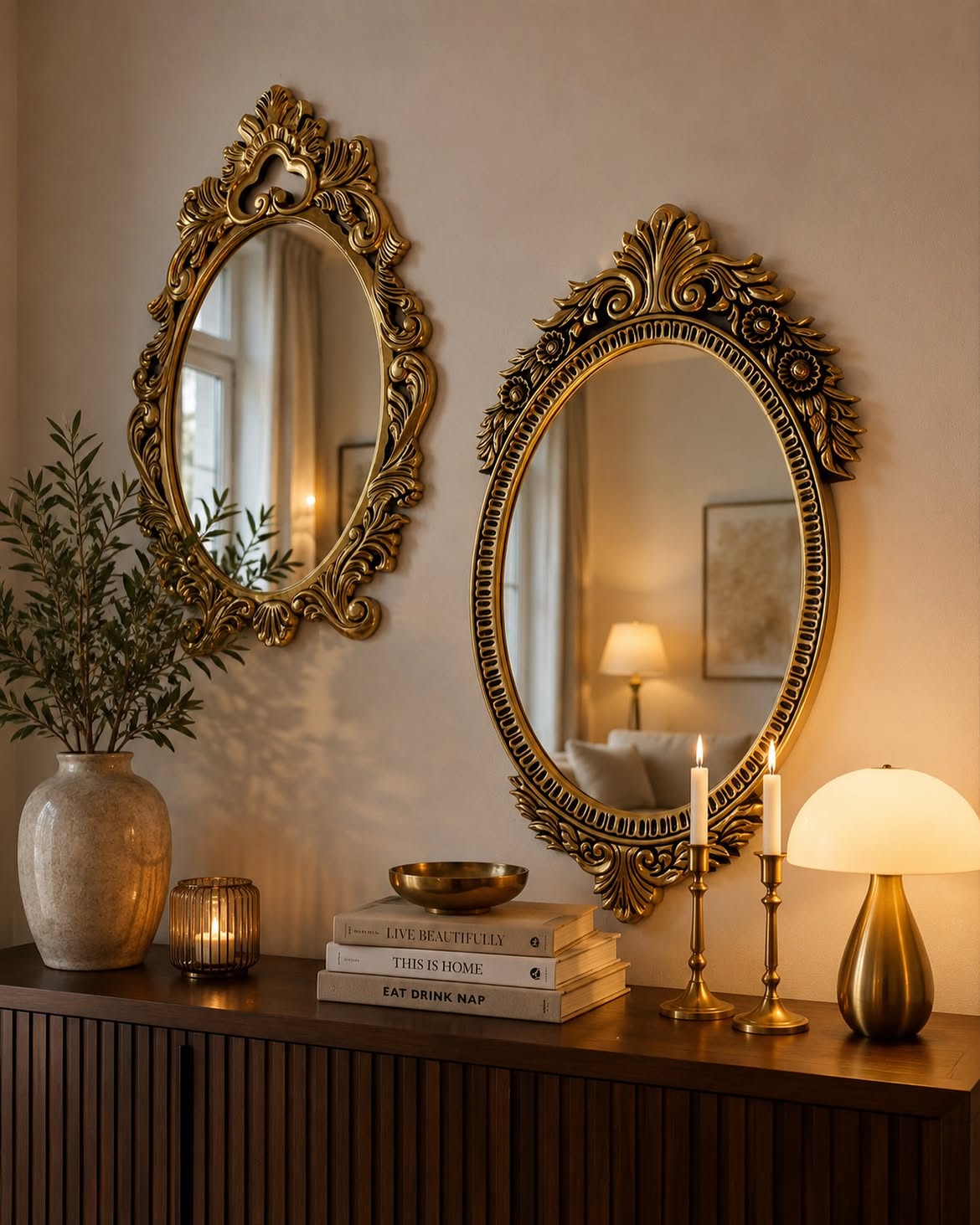 05-oval-ornate-gold-mirrors-dark-wood-console-candlelight-styling