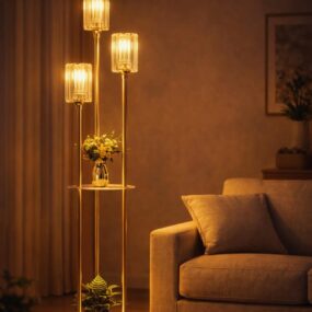 A tall gold floor lamp with three crystal cylinder shades and a built-in round shelf holding a vase of flowers, placed next to a beige sofa in a warmly lit living room.