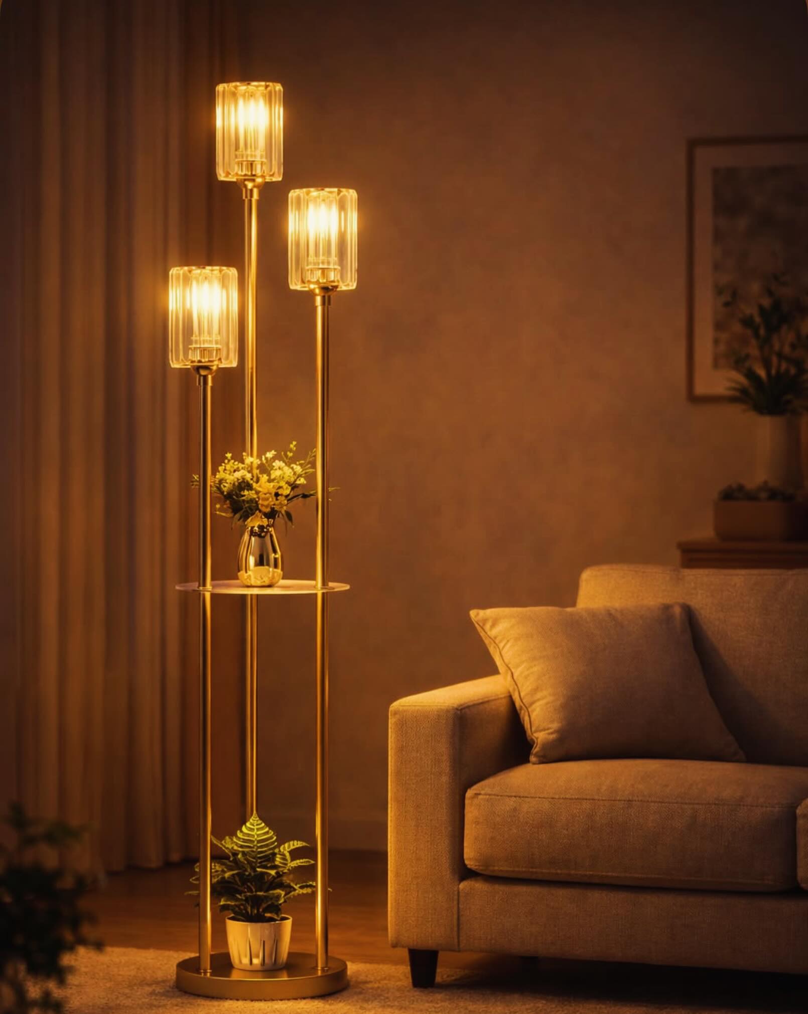 A tall gold floor lamp with three crystal cylinder shades and a built-in round shelf holding a vase of flowers, placed next to a beige sofa in a warmly lit living room.