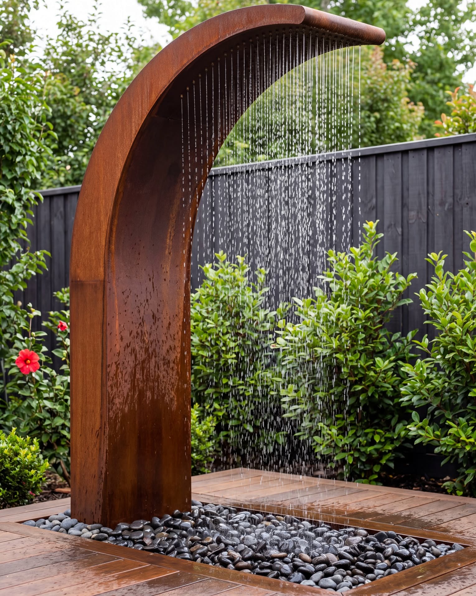 A curved rusted corten steel outdoor rain shower pouring water onto a bed of smooth black pebbles set into a wooden deck, with green shrubs and a dark fence behind.