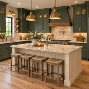 A farmhouse kitchen with dark green cabinets, cream beadboard island with granite countertop, four woven rush bar stools, brass dome pendant lights, and a wood range hood.
