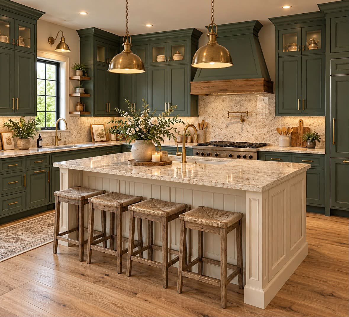 A farmhouse kitchen with dark green cabinets, cream beadboard island with granite countertop, four woven rush bar stools, brass dome pendant lights, and a wood range hood.