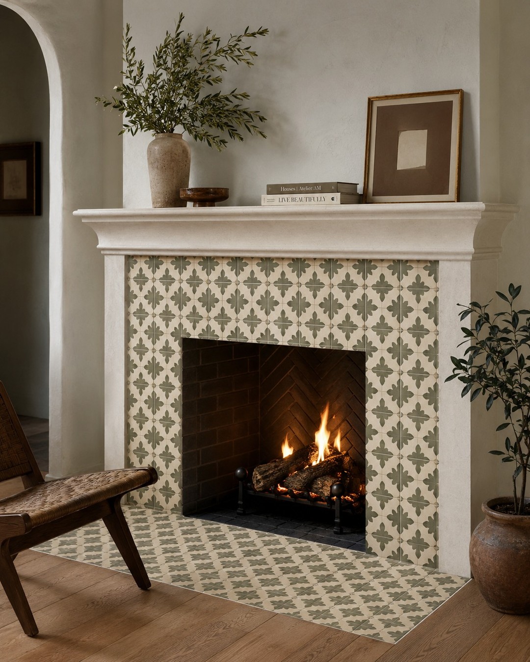 06-fireplace-tile-ideas-sage-pattern-tile-limestone-mantel