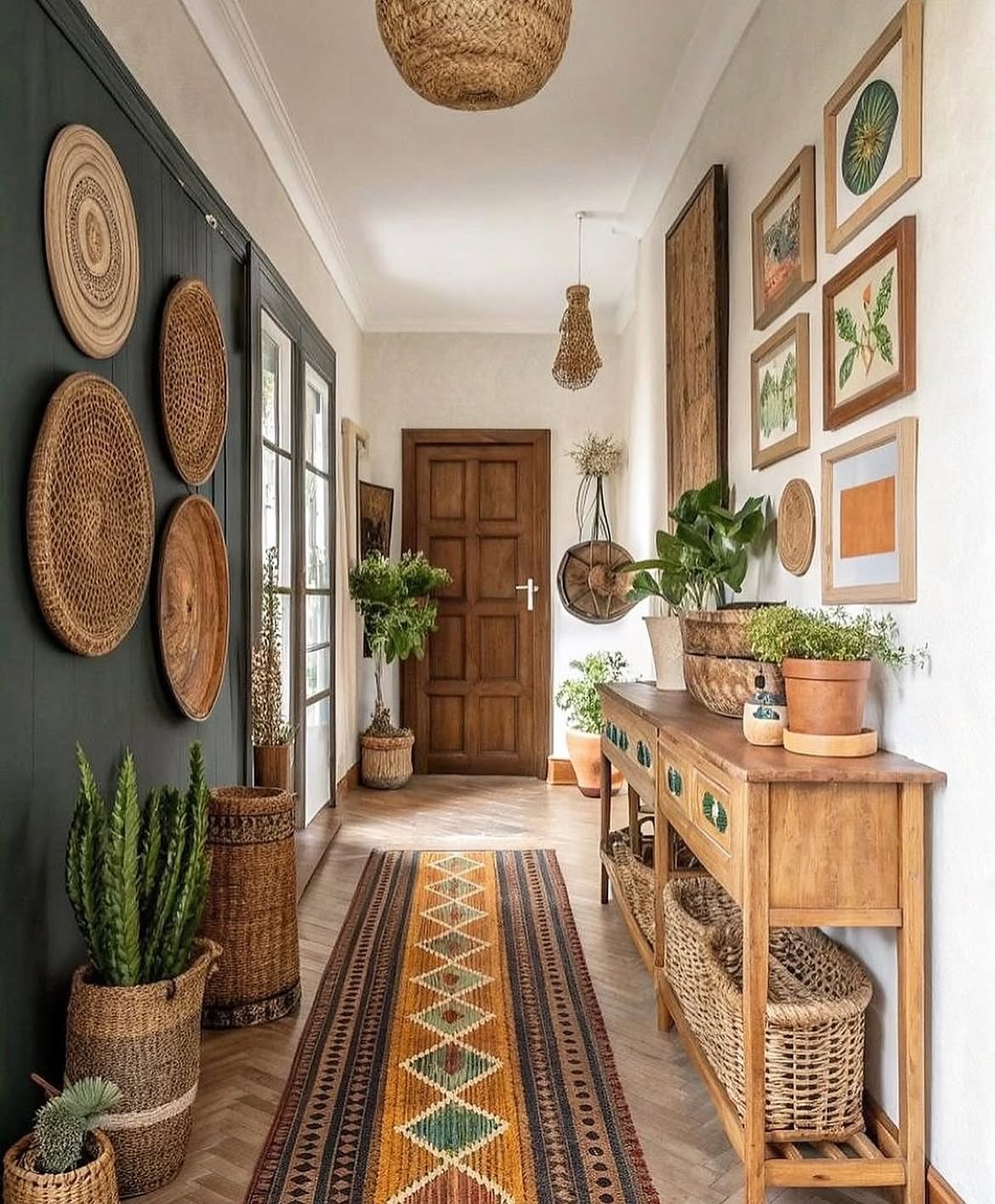 06-green-panel-wall-woven-plates-boho-entryway