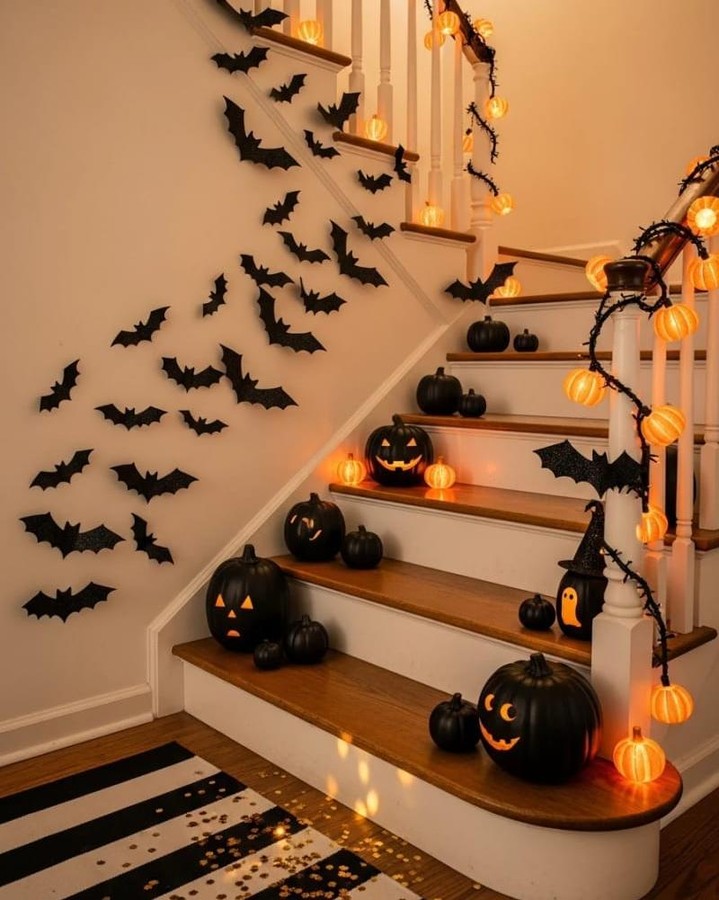 07-black-pumpkins-orange-glow-string-lights-staircase-lovely_harbor