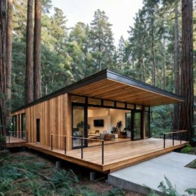 A modern cedar-clad cabin with a flat overhang roof, wraparound deck with cable railings, and floor-to-ceiling windows set among tall redwood trees.