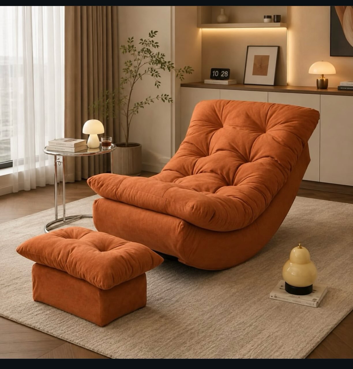 An oversized burnt orange tufted lounge chair with a matching ottoman on a cream rug, next to a glass side table with a mushroom lamp.