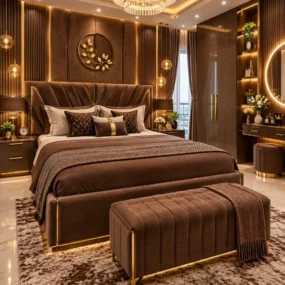 A luxury bedroom with a brown velvet bed and sunburst tufted headboard, gold trim accents, crystal chandelier, and a built-in vanity with lit round mirror.